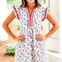 Red Floral Print Contrast Trim Flutter Sleeve Mini Dress
