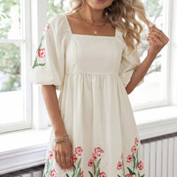 Beige Floral Print Puff Sleeve Babydoll Dress