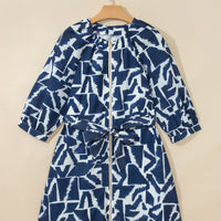 Blue Abstract Geometric Print Zip Front Tie Waist Shift Dress