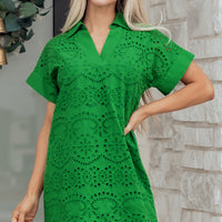 Rose Red Solid Color Eyelet Embroidered T Shirt Mini Dress