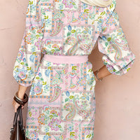 Pink Boho Floral Print Color Block Trim Half Button Belted Mini Dress