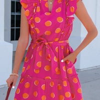 Rose Double Polka Dot V Neck Ruffled Short Sleeve Dress