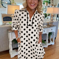 White Polka Dot Half Sleeve Collar V Neck Pocketed Casual Mini Dress