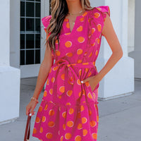 Rose Double Polka Dot V Neck Ruffled Short Sleeve Dress