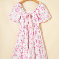 Pink Floral Print Square Neck Ribbon Knot Back Cute Mini Dress