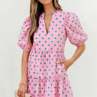 Pink Polka Dot Print V Neck Short Sleeve Tiered Mini Dress