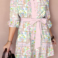 Pink Boho Floral Print Color Block Trim Half Button Belted Mini Dress