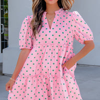 Pink Polka Dot Print V Neck Short Sleeve Tiered Mini Dress