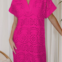Rose Red Solid Color Eyelet Embroidered T Shirt Mini Dress