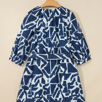 Blue Abstract Geometric Print Zip Front Tie Waist Shift Dress