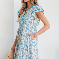 Red Floral Print Contrast Trim Flutter Sleeve Mini Dress