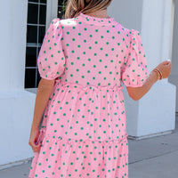 Pink Polka Dot Print V Neck Short Sleeve Tiered Mini Dress