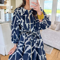Blue Abstract Geometric Print Zip Front Tie Waist Shift Dress