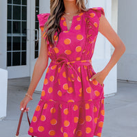 Rose Double Polka Dot V Neck Ruffled Short Sleeve Dress