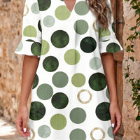 Green Polka Dot Print Flounced Half Sleeve Casual Vacation Style Mini Dress