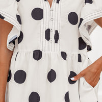 White Polka Dot Print Half Button Ruffled Short Sleeve Loose Mini Dress