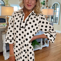 White Polka Dot Half Sleeve Collar V Neck Pocketed Casual Mini Dress