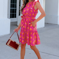 Rose Double Polka Dot V Neck Ruffled Short Sleeve Dress