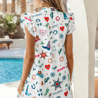 White Western Print Flutter Sleeve Button Down Mini Dress