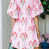 Pink Floral Striped Print Tie Notched Neck Puff Sleeve Flared Mini Dress