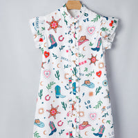 White Western Print Flutter Sleeve Button Down Mini Dress