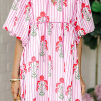 Pink Floral Striped Print Tie Notched Neck Puff Sleeve Flared Mini Dress