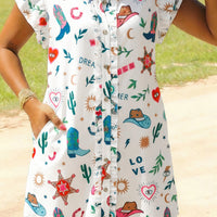 White Western Print Flutter Sleeve Button Down Mini Dress