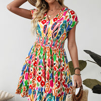 Sky Blue Abstract Print V Neck Dolman Sleeve Ruffle Tiered Mini Dress