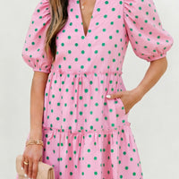 Pink Polka Dot Print V Neck Short Sleeve Tiered Mini Dress