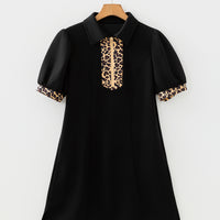 Black Leopard Patchwork Zip Collared Short Puff Sleeve Shift Mini Dress