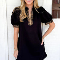 Black Leopard Patchwork Zip Collared Short Puff Sleeve Shift Mini Dress