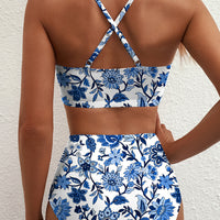 Blue Floral Print Hardware Accent Notched Neck High Waist Bikini Set