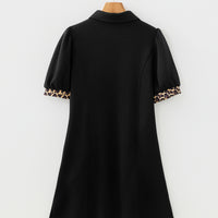 Black Leopard Patchwork Zip Collared Short Puff Sleeve Shift Mini Dress