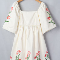 Beige Floral Print Puff Sleeve Babydoll Dress