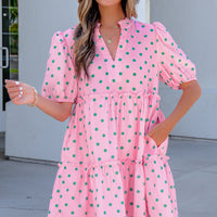 Pink Polka Dot Print V Neck Short Sleeve Tiered Mini Dress