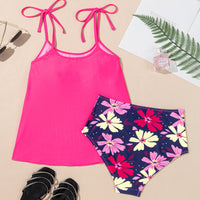 Rose Red Tie Shoulder Floral Print Cute Tankini Set