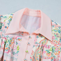 Pink Boho Floral Print Color Block Trim Half Button Belted Mini Dress
