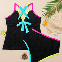 Black Floral Textured Neon Trim V Neck Crisscross Backless Tankini Set