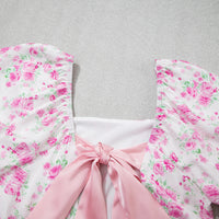 Pink Floral Print Square Neck Ribbon Knot Back Cute Mini Dress
