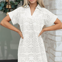 Rose Red Solid Color Eyelet Embroidered T Shirt Mini Dress