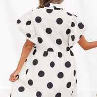 White Polka Dot Print Half Button Ruffled Short Sleeve Loose Mini Dress
